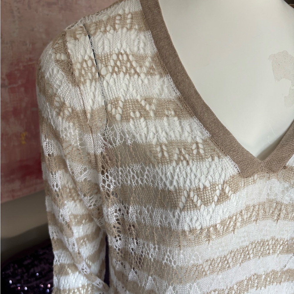 Crochet Knit Tunic Top V Neck Long Sleeve Striped Beach Cover Up - Picture 2 of 11